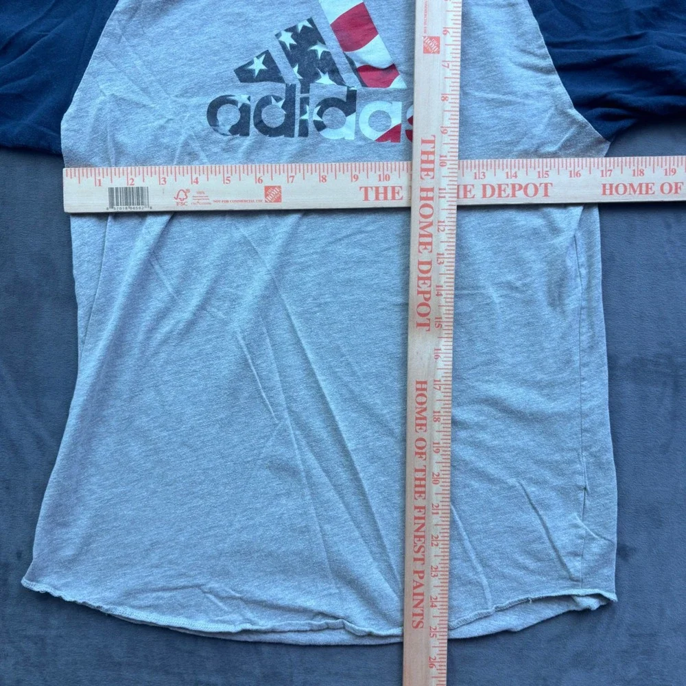 Adidas Mens Small Gray Blue American Flag Logo 3/4 Sleeve Raglan Baseball Tee